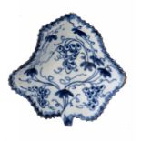 A BOW BLUE AND WHITE PICKLE LEAF DISH, C1765-70 painted with grapes and vines, 8cm l ++Rim