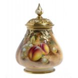 A ROYAL WORCESTER POT POURRI VASE AND COVER, C1970 painted by Roberts, signed, with fruit, 16cm h,