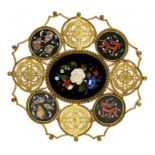 AN ITALIAN PIETRE DURE AND GILTMETAL CARD TRAY, c1870 decorated with flowers, sea shells and