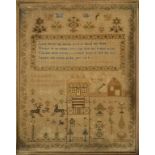 A LINEN SAMPLER, EARLY 19TH C worked with a couple before the gates of their house, chapel,