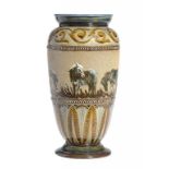 A DOULTON WARE PATE SUR PATE VASE, BY HANNAH BARLOW, 1884 decorated with a continuous band of five
