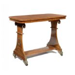 A MAHOGANY AND BRASS INLAID WRITING TABLE, ELEMENTS 19TH C the oblong top on shaped end supports