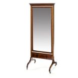 AN EDWARD VII MAHOGANY CHEVAL MIRROR, C1910 crossbanded in satinwood and line inlaid, bevelled