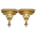 A PAIR OF GILTWOOD WALL BRACKETS, LATE 19TH/EARLY 20TH C with cone pendant, 31cm h ++Complete in