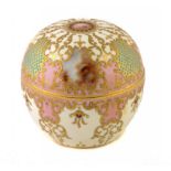 A COALPORT 'JEWELLED' GLOBULAR BOX AND COVER, C1910 painted with panels resembling hardstones on a