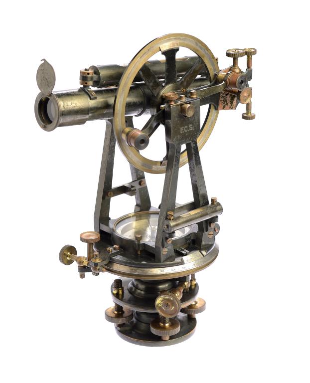 AN ENGLISH BRASS TRANSIT THEODOLITE BY NEGRETTI & ZAMBRA, LATE 19TH C the telescope with bubble