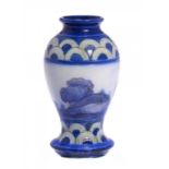 A MOORCROFT MINIATURE BLUE LANDSCAPE VASE WITH SCALE BORDERS, C1928 10cm h, impressed marks ++In