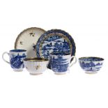 A CAUGHLEY BLUE AND WHITE TRIO, COFFEE CUP AND BLUE AND GILT TEA BOWL AND SAUCER, C1780-99 the