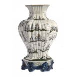 AN ITALIAN FAIENCE REEDED HEXAGONAL CHINOISERIE VASE, 19TH C 38cm h, anchor in red enamel ++Old