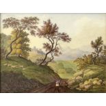 AN ENGLISH PORCELAIN PLAQUE, C1820 painted possibly by Robert Brewer with a couple on a road in an