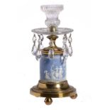 AN ORMOLU MOUNTED WEDGWOOD BLUE AND WHITE JASPER CANDLESTICK, 19TH C the jasper ware drum with the