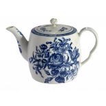 A WORCESTER BLUE AND WHITE BARREL SHAPED TEAPOT AND COVER, C1775 transfer printed with the Rose-