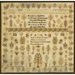 A YORKSHIRE LINEN SAMPLER, WORKED BY CAROLINE THOMPSON BOYES, DATED 1848 with animals, birds,