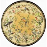 A PAINTED SILK, FEATHER AND GILT FOIL APPLIQUÉ PICTURE OF BIRDS IN BRANCHES, C1880 with ivory silk