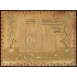 CUMBERLAND LINEN SAMPLER OF YORK MINSTER WORKED BY CICELY LAMBERT, DATED 1836 with grazing sheep and