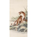 A FINE CHINESE SILK PICTURE OF A TIGER, LATE 19TH C worked in a variety of stitches in subtly shaded