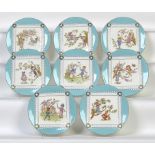 A SET OF EIGHT WEDGWOOD MOULDED DESSERT PLATES, C1880 with doylies and printed and painted with