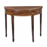 A GEORGE III MAHOGANY TEA TABLE, C1800 on square tapered legs and spade feet, 73cm h; 40 x 91cm ++