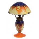 A LE VERRE FRANCAIS GLASS TABLE LAMP, C1925 of mottled yellow overlaid in blue and orange glass