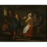 MANNER OF DAVID TENIERS - INN SCENE WITH PEASANTS DANCING, OIL ON PANEL, 27CM X 35CM