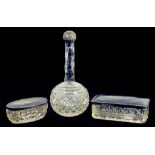 A VICTORIAN SILVER MOUNTED CUT GLASS DRUMSTICK SCENT BOTTLE, 20CM H, BIRMINGHAM 1898 AND TWO CUT