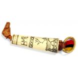SCRIMSHAW. A DECORATED BONE HORN, ONE SIDE WITH MOOSE BENEATH INITIALS H.M.R,. THE REVERSE WITH