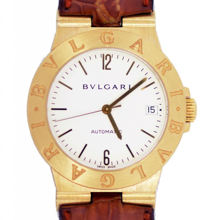 A BULGARI 18CT GOLD SELF WINDING WRISTWATCH, THE WHITE DIAL WITH DATE AND CENTRE SECONDS, NUMBERED