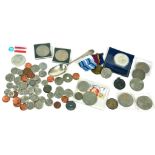 MISCELLANEOUS SILVER AND BASE METAL COMMEMORATIVE AND OTHER COINS AND A SILVER SPOON, ETC