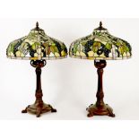 A PAIR OF TIFFANY STYLE BRONZED METAL LAMPS WITH LEADED GLASS LAMPSHADES, 56CM H, LATE 20TH CENTURY