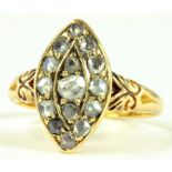 A ROSE DIAMOND NAVETTE CLUSTER RING IN GOLD, MARKED 18CT, 3.7G GROSS