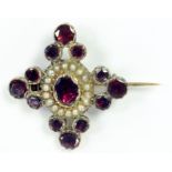 AN ANTIQUE FOILED GARNET AND SPLIT PEARL BROOCH-PENDANT OF CRUCIFORM DESIGN, MID 19TH CENTURY, 4.