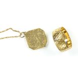 A 9CT GOLD WEDDING RING AND A 9CT GOLD LOCKET AND NECKLET, 8G