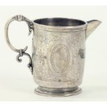 A SILVER CREAM JUG CONVERTED FROM A CHRISTENING MUG, 10CM H, MARKS OFFICIALLY CANCELLED, REMARKED