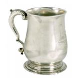 A GEORGE III SILVER BALUSTER MUG, 11.5CM H, LONDON, MARKS RUBBED, CIRCA 1760, THE LET IN REPAIR