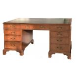 A GEORGE III STYLE MAHOGANY PEDESTAL DESK WITH GREEN LEATHER INLET TOP, 152CM W