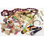 MISCELLANEOUS VINTAGE COSTUME JEWELLERY, WRISTWATCHES, COINS, ETC