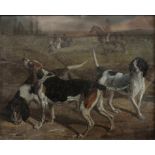 E. J. KEELING - THREE FOX HOUNDS, SIGNED AND DATED 1857, OIL ON CANVAS LAID ON BOARD, 40.5CM X 50CM