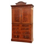 A LATE VICTORIAN MAHOGANY AND SATINWOOD BANDED LINEN PRESS, THE PANELLED DOORS WITH OVAL