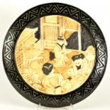 TWO BRETBY EARTHENWARE PLAQUES MOULDED WITH JAPANESE SCENES, 34CM AND 37CM DIAM, IMPRESSED MARKS,