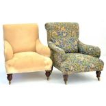 A PAIR OF UPHOLSTERED ARMCHAIRS ON BULBOUS TURNED MAHOGANY FRONT FEET WITH BRASS CASTORS