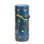 A CHINESE PORCELAIN CYLINDRICAL VASE APPLIED WITH A GILT DRAGON AND DECORATED WITH TWO OTHERS IN