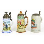 THREE GERMAN PEWTER MOUNTED STEINS OF PORCELAIN, EARTHENWARE AND STONEWARE, VARIOUS SIZES, LATE