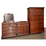 A WARING & GILLOW LTD OAK THREE PIECE BEDROOM SUITE IN 17TH CENTURY STYLE WITH WALNUT PANELS AND