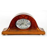 A FRENCH THUYA WOOD AND INLAID COIN OPERATED MANTLE CLOCK, 26CM H