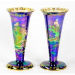 A PAIR OF FIELDING'S CROWN DEVON LUSTRINE VASES OF TRUMPET SHAPE, 23CM H, GILT PRINTED MARK, CIRCA