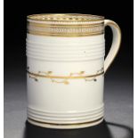 A DERBY REEDED CYLINDRICAL GILT MUG, C1790 11cm h, puce printed mark and pattern No 53 ++Some slight