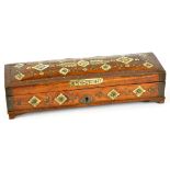 AN INDIAN IVORY INLAID BLACKWOOD WRITING BOX WITH INSET INSCRIBED BONE TABLET, BRASS MOUNTS,