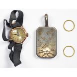 AN AESTHETIC MOVEMENT ENGRAVED SILVER OCTAGONAL LOCKET, A GOLD LADY'S WRISTWATCH AND A PAIR OF