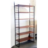 A BLACK POWDER COATED STEEL AND TEAK MODULAR SIX SHELF LADDER RACK SHELVING UNIT, 200CM H