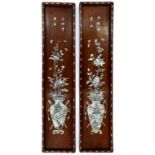 A PAIR OF CHINESE MOTHER OF PEARL INLAID ROSEWOOD PANELS, 81CM X 18CM, EARLY 20TH CENTURY